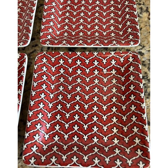 Pottery Barn Square Appetizer Plates Red Print Set Of 4 - Picture 4 of 7